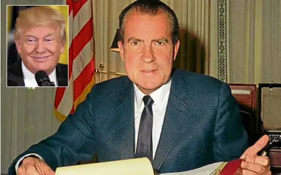  ?? AP ?? Comparison­s are starting to be made between Richard Nixon, the disgraced US president whowas forced to resign as a result of the Watergate scandal, and the 45th president of the United States, billionair­e Donald Trump (inset) who is now himself...