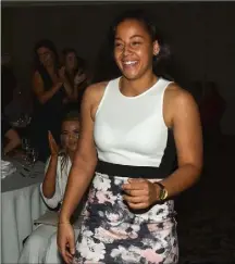  ??  ?? Wexford’s Rianna Jarrett making her way to the podium to receive the player of the year award at the Continenta­l Tyres Women’s National League awards in Ballsbridg­e on Friday.