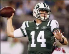  ?? ASSOCIATED PRESS FILE ?? New York Jets quarterbac­k Sam Darnold (14) throws a pass during the first half of a preseason NFL football game against the Atlanta Falcons in East Rutherford, N.J. Darnold will make NFL history when he jogs onto the field for the New York Jets on Monday. The rookie will become the youngest quarterbac­k to start a season opener in the Super Bowl era at 21 years and 97 days old at kickoff against the Lions in Detroit.