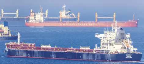  ?? ?? The cargo ship Despina V, carrying Ukrainian grain, is seen in the Black Sea off Kilyos near Istanbul, Türkiye, Nov. 2, 2022.