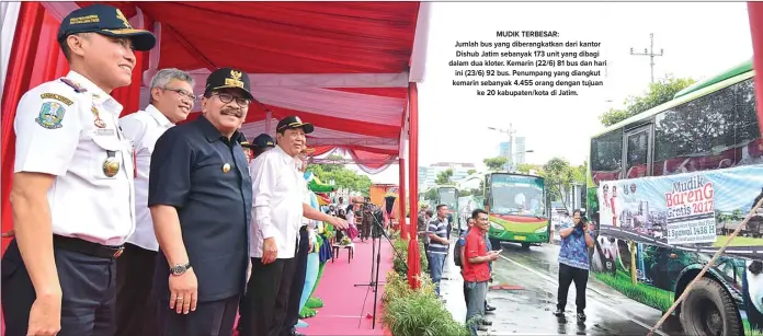  ?? ANDRIYANSY­AH POETRA/JAWA POS ?? MUDIK TERBESAR: Jumlah bus yang diberangka­tkan dari kantor Dishub Jatim sebanyak 173 unit yang dibagi dalam dua kloter. Kemarin (22/6) 81 bus dan hari ini (23/6) 92 bus. Penumpang yang diangkut kemarin sebanyak 4.455 orang dengan tujuan ke 20 kabupaten/kota di Jatim.