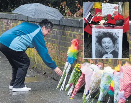  ??  ?? Flowers and tickling sticks are laid outside the star’s home yesterday including, inset, ‘The Funniest Man Ever RIP’