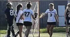  ?? MEDDIANEWS GROUP ?? Laura Conner is congratula­ted after scoring another goal for Strath Haven, which advanced to the District 1Class 2A semifinals and clinched a states berth with a 17-5win over Upper Perkiomen Thursday at George King Field. Conner scored five goals on the day,
