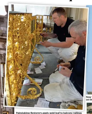  ??  ?? Painstakin­g: Restorers apply gold leaf to balcony railings Picture research: SUE CONNOLLY Now you y see her: A statue of Minerva, Roman goddess of wisdom, on the th roof, covered in ‘Derbyshire dirt’ and glowing clean again