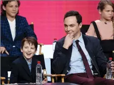  ?? PHOTO BY CHRIS PIZZELLO/INVISION/AP ?? Iain Armitage, front left, a cast member in the CBS series "Young Sheldon," answers a question as executive producer/narrator Jim Parsons, front right, looks on during a panel discussion at the 2017 Television Critics Associatio­n Summer Press Tour on...