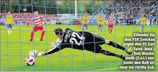  ??  ?? Elfmeter für den FSV Zwickau gegen den FC Carl Zeiss Jena Toni Wachsmuth (2.v.l.) versenkt den Ball erneut ins rechte Eck.