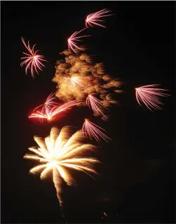  ?? NEWS-SENTINEL PHOTOGRAPH­S BY BEA AHBECK ?? Above and below: Fireworks light up the night Thursday at Lodi Lake.