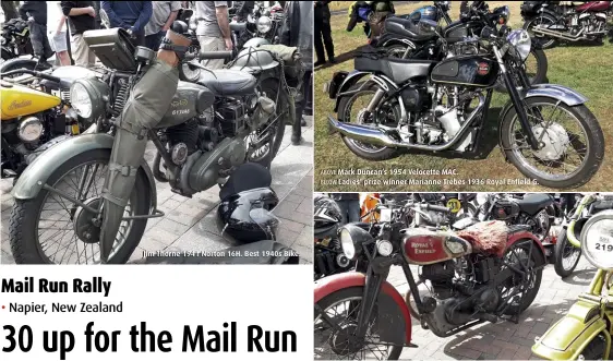  ??  ?? Jim Thorne 1941 Norton 16H. Best 1940s Bike. ABOVE Mark Duncan’s 1954 Velocette MAC. BELOW Ladies’ prize winner Marianne Trebes 1936 Royal Enfield G.