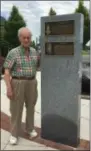  ?? SUBMITTED PHOTO ?? Norm Dann of the Gerrit Smith Estate National Historic Landmark in Peterboro, N.Y., stands beside the plaque dedicated to Ann Carroll Fitzhugh Smith at her induction to the Circle of Achievemen­t at Memorial Park in Hagerstown, Md., on May 18.