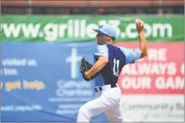  ?? PHOTO BY BERT HINDMAN ?? Starter Brian Grening and four relievers combined for a four-hit shutout Sunday as the Blue Crabs defeated Long Island to take the three-game series. Grening allowed just three hits, walked two and struck out five over 6 2/3 innings.