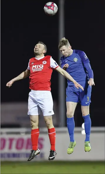  ??  ?? Conan Byrne of St Patrick’s Athletic in action against Kevin Lynch of Bray Wanderers during the SSE Airtricity League Premier Division match between Bray Wanderers and St Patrick’s Athletic.