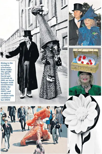  ??  ?? Rising to the occasion: (clockwise from right): The giraffe hat (1971), David and Gertrude in 1991; an Ascot hamper with strawberri­es (1989); the daisy hat (1967), and an apricot creation with cartwheel hat (1969)