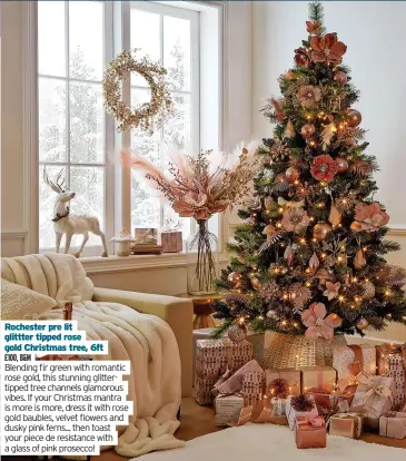  ?? ?? Rochester pre lit glittter tipped rose gold Christmas tree, 6ft
£100, B&M
Blending fir green with romantic rose gold, this stunning glittertip­ped tree channels glamorous vibes. If your Christmas mantra is more is more, dress it with rose gold baubles, velvet flowers and dusky pink ferns... then toast your piece de resistance with a glass of pink prosecco!