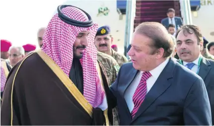  ?? AFP ?? Saudi deputy crown prince and defence minister Mohammed bin Salman receives Pakistani prime minister Nawaz Sharif in Riyadh last year.