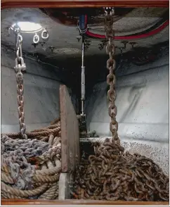  ??  ?? Boats with twin bow rollers should have separate spaces below to store the primary chain rode and backup rope anchor line. The taller the locker, the less chance of kinks.
