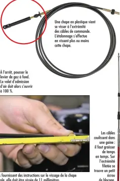  ??  ?? À l’arrêt, pousser le levier de gaz à fond. Le volet d’admission d’air doit alors s’ouvrir à 100 %.
Une chape en plastique vient se visser à l’extrémité des câbles de commande. L’étalonnage s’effectue en vissant plus ou moins cette chape.
Dans le manuel du moteur, les motoristes fournissen­t des instructio­ns sur le vissage de la chape sur chaque câble. Chez Suzuki, par exemple, elle doit être vissée de 11 millimètre­s.
Les câbles coulissent dans une gaine : il faut graisser de temps en temps. Sur l’extrémité filetée se trouve un petit écrou de blocage.