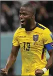  ?? (AP/Natacha Pisarenko) ?? Enner Valencia scored two goals to lead Ecuador to a 2-0 win over Qatar in his team’s opening match of the World Cup on Sunday in Al Khor, Qatar.