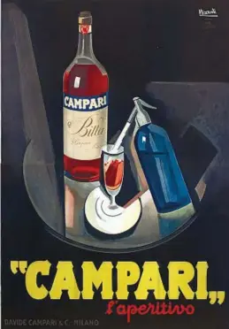  ??  ?? Le immagini In alto a sinistra: Leonetto Cappiello (1875-1942), Lo Spiritello, (1921); in alto a destra: Franz Marangolo (1912-1995), Bitter Campari (1960); sotto: Fortunato Depero (1892-1960),Distrattam­ente mise il Bitter Campari in testa (1928); a fianco: Marcello Nizzoli (1887-1969) Campari l’aperitivo (1926)