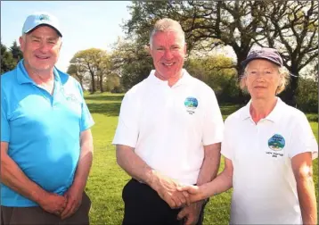  ??  ?? Ron Breen (President) with the Captains, Marty Lawlor and Veronica O’Riordan, at the Ballymoney drive-in.