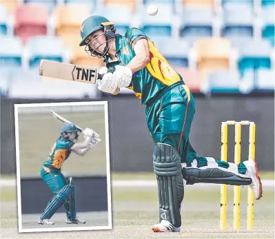  ??  ?? The Tigers’ Heather Graham hoists a shot over the infield. INSET: Sasha Moloney. Pictures: ZAK SIMMONDS