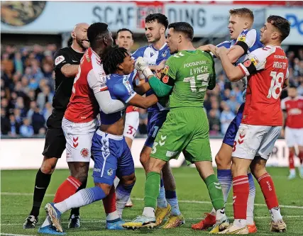  ?? Picture: Rob Noyes/JMP ?? Tempers flare during Bristol Rovers’ game against Fleetwood at the Memorial Stadium