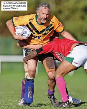  ?? ?? Comedian Adam Hills in action for Australia against Wales