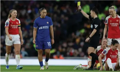  ?? ?? Lauren James is booked for her foul on Lia Wälti during Chelsea’s 4-1 defeat to Arsenal at the Emirates Stadium. Photograph: Tom Jenkins/ The Guardian