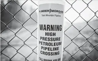  ?? DARRYL DYCK THE CANADIAN PRESS ?? A sign warning of an undergroun­d petroleum pipeline is seen at Kinder Morgan's B.C. facility. With the deadline looming for abandoning the Trans Mountain expansion, no suitors have emerged.