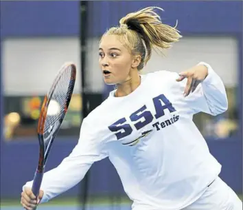  ??  ?? Shadyside Academy’s Elle Santora, above, teamed with Aya Youssef to give Shady Side Academy the WPIAL Class 3A doubles championsh­ip Thursday.