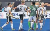  ?? ARABINDA MAHAPATRA/HT ?? Germany players (in white) celebrate after scoring against Pakistan ■ in Bhubaneswa­r on Saturday.