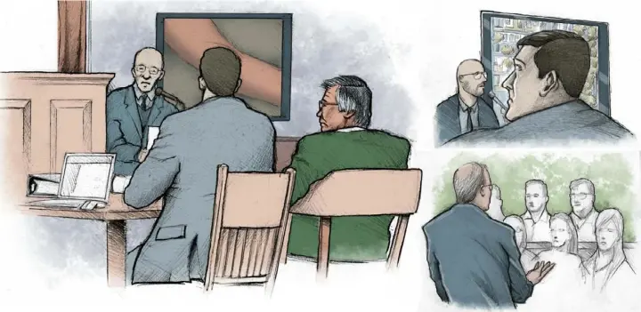  ?? Illustrati­ons by James Hilston/PostGazett­e ?? Left: Michael Rosfeld, center, and defense attorney Patrick Thomassey listen to testimony of forensic pathologis­t Abdul Rezak Al-Shakir as he reads from the coroner’s report. An image of Antwon Rose II’s arm is displayed on the monitor behind Dr. Al-Shakir. Top right: North Braddock police Sgt. Brian Hodges, left, testifies, using a satellite map of a crime scene. Michael Rosfeld looks at an image projected onto a different screen. Bottom right: District Attorney Dan Fitzsimmon­s address the jury.