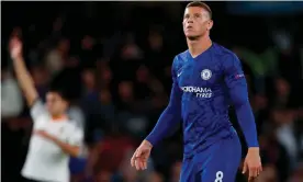  ??  ?? Ross Barkley reacts after missing a penalty in Chelsea’s defeat to Valencia. Photograph: Ian Kington/AFP/Getty Images