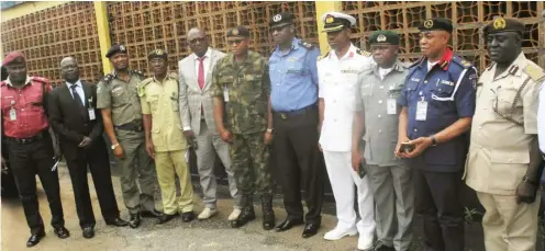  ?? Photo: NAN ?? Heads of security agencies after a news conference by the Imo State police commission­er in Owerri yesterday, where residents of the state were told to disregard the “sit at home” directive by the Indigenous People of Biafra, IPOB on September 14