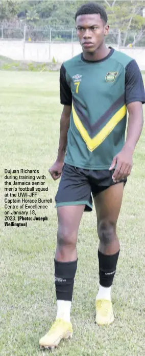  ?? (Photo: Joseph Wellington) ?? Dujuan Richards during training with the Jamaica senior men’s football squad at the UWI-JFF Captain Horace Burrell Centre of Excellence on January 18,
2023.