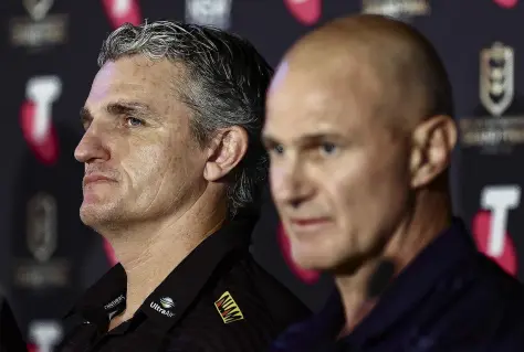  ?? PHOTO: GETTY IMAGES ?? Calm before the storm . . . Panthers coach Ivan Cleary (left) and Eels coach Brad Arthur address media ahead of tomorrow’s NRL grand final in Sydney.