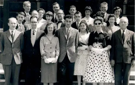  ??  ?? Members of the cast of ‘Sive’, and friends, after the All-Ireland win in Dean Crowe Hall, Athlone in April 1959. Front row l-r: Jeffrey O’Connor (Cahircivee­n - Sheila Keane’s husband), Brendan Carroll (Carroll Henigan, William St), Margaret Dillon (played Sive), John B. Keane, Cecile Cotter (‘Tasty Cotter’s” sister “Scully’s Corner used to be called Cotter’s Corner), Nora Relihan and Dan Moloney T.D.; Middle row l-r: John Cahill (Main St.), Hilary Neilsen (Bridge Road), Siobhan Cahill (Main St.), Bill Kearney (Lr. William St), Harry Geraghty (stage manager, Bank of Ireland), Eamon Keane and Mrs. Peggie Walsh (The Square); Back row, l-r: John Flaherty (Charles St), Margaret Moloney (Gurtinard), Kevin Donovan (Upper William St), Seamus Ryle (Nora Relihan’s brother), Ina Leahy (Leahy’s, Market St), Dr. Johnny Walsh and Peg Schuster (USA, John B’s sister).