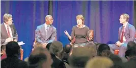  ?? AMY BETH BENNETT/STAFF PHOTOGRAPH­ER ?? Democratic candidates for governor Mayor Andrew Gillum, Congresswo­man Gwen Graham and Chris King talk with moderator Michael Williams, left, during Monday’s luncheon.