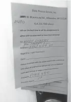  ?? CARY SPIVAK / MILWAUKEE JOURNAL SENTINEL ?? Process servers leave notices in the door of landlord Mohammad Choudry’s home in the 2800 block of S. 49th St. State records show that five LLCs are based in the house. The top notice is addressed to Choudry’s ex-wife, who city officials say lives in Arizona.