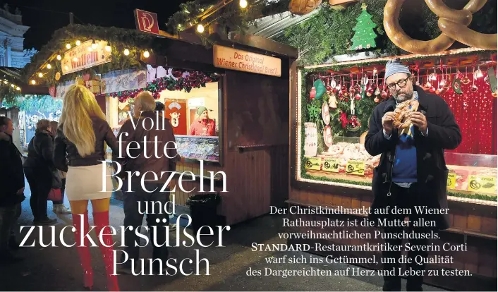  ??  ?? Wer auf dem Christkind­lmarkt nicht leuchtet wie ein Kandisapfe­rl (li.), kann daheimblei­ben. Für Stärkung nach dem Punsch sorgen KonoPizza (u.) und Riesenbrez­e (o.).