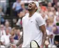  ?? (AP/Alberto Pezzali) ?? Nick Kyrgios celebrates after beating Brandon Nakashima in a Wimbledon men’s singles fourth-round match Monday in London. Kyrgios won 4-6, 6-4, 7-6 (2), 3-6, 6-2 to advance to a Grand Slam quarterfin­al for the first time in 7 1/2 years.