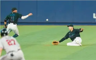  ?? WILFREDO LEE/AP ?? Marlins shortstop Miguel Rojas, left, and right fielder Peyton Burdick scramble for a ball hit by the Braves’ Robbie Grossman for a base hit, during the fourth inning Saturday in Miami.