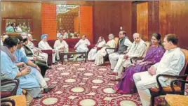  ?? PTI ?? Leaders of various political parties with Congress president Rahul Gandhi (right) at the iftar party hosted by the Congress in New Delhi on Wednesday.