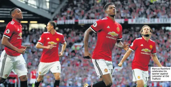  ??  ?? Marcus Rashford celebrates his opener against Leicester at Old Trafford