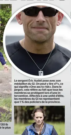  ??  ?? Le sergent Éric Audet pose avec son médaillon du GI. On peut y lire «1*», ce qui signifie «One ass to risk». Dans le jargon, cela réfère au fait que tous les membres se protègent lors d’une interventi­on. Affectés à une unité d’élite, les membres du GI...