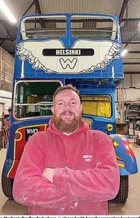  ?? ?? Mechanic Bradley Earl, above, is pleased with how the resoration has turned out. Top left and below, The converted open-top, double-decker bus painted in psychedeli­c colours