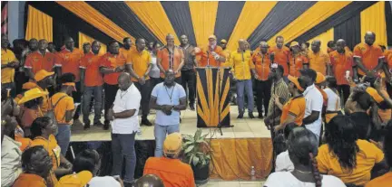  ?? (Photos: Kasey Williams) ?? Members of the People’s National Party hierarchy and the party’s Manchester aspirants for the local and parliament­ary elections gather at Hatfield Primary School on Sunday.