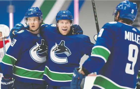  ?? JONATHAN HAYWARD/THE CANADIAN PRESS FILES ?? Elias Pettersson, Brock Boeser and J.T. Miller are a formidable top line for the Canucks, but the team needs more skill on its third line.