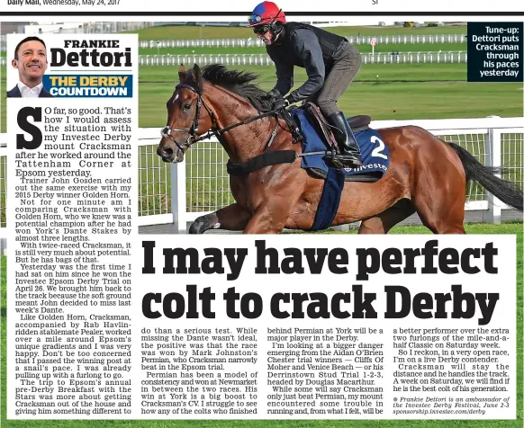  ??  ?? Tune-up: Dettori puts Cracksman through his paces yesterday