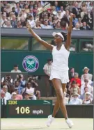  ?? The Associated Press ?? Venus Williams of the United States celebrates after beating Britain’s Johanna Konta in their women’s singles semifinal match at the Wimbledon Tennis Championsh­ips in London on Thursday.
