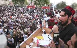  ?? AP ?? Pashtun Protection Movement leader Manzoor Pashteen addresses a rally in lahore. —